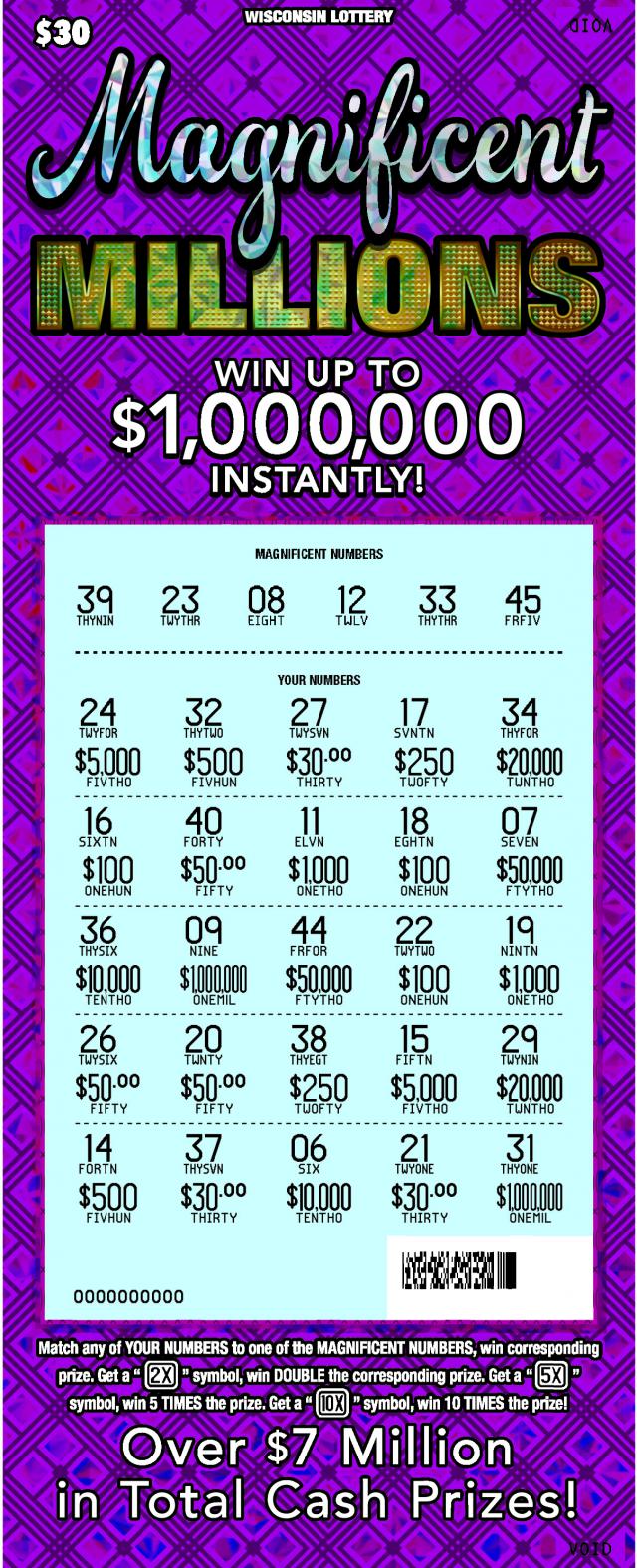 Magnificent Millions instant scratch ticket from Wisconsin Lottery - scratched