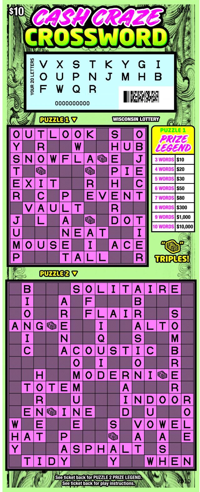 Cash Craze Crossword instant scratch game Cash Craze Crossword instant scratch ticket from Wisconsin Lottery - scratched