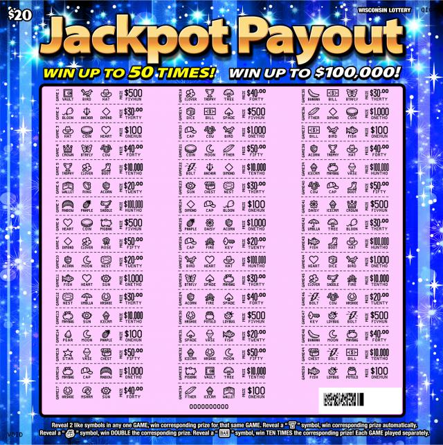 Jackpot Payout instant scratch ticket from Wisconsin Lottery - scratched