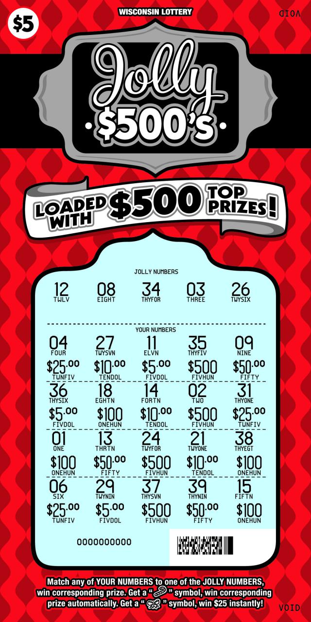 Jolly $500s instant scratch game Jolly $500s instant scratch ticket from Wisconsin Lottery - scratched