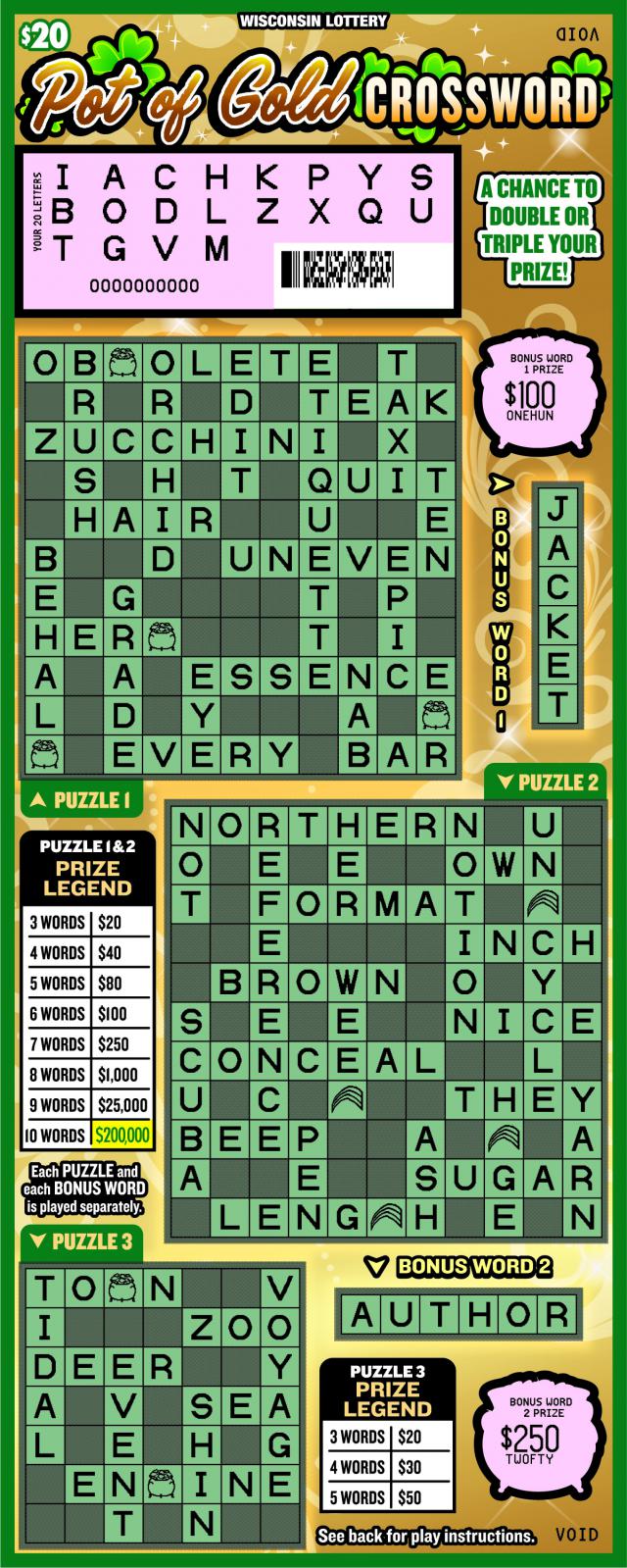 Pot of Crossword instant scratch ticket from Wisconsin Lottery - scratched