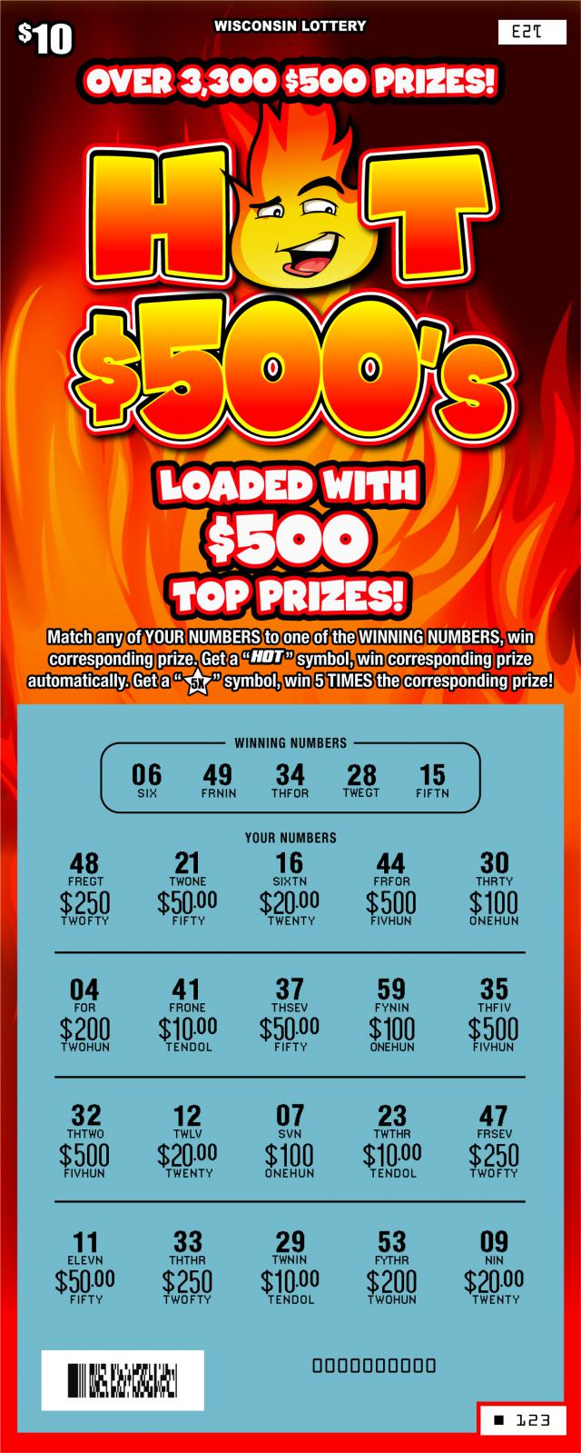 Hot $500s instant scratch game Hot $500s instant scratch ticket from Wisconsin Lottery - scratched