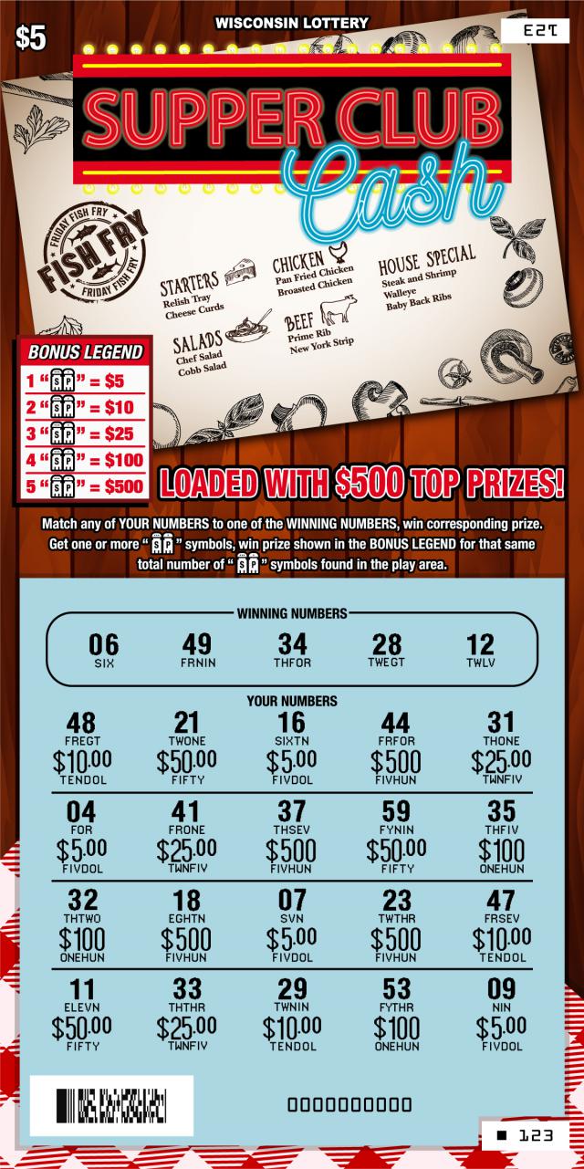 Supper Club Cash instant scratch game Supper Club Cash instant scratch ticket from Wisconsin Lottery - unscratched