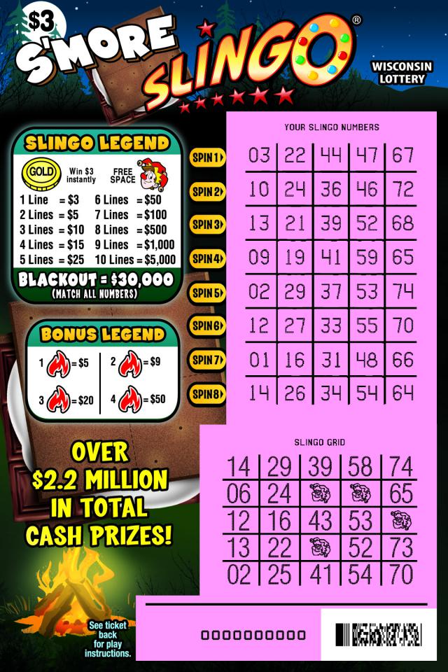 S'more Slingo instant scratch game S'more Slingo instant scratch ticket from Wisconsin Lottery - scratched