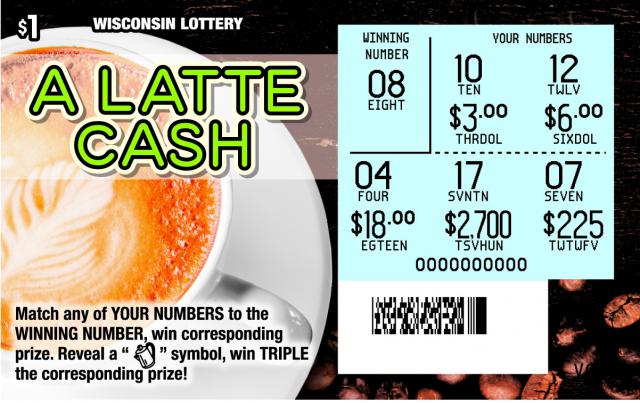 A Latte Cash instant scratch game A Latte Cash instant scratch ticket from Wisconsin Lottery - scratched