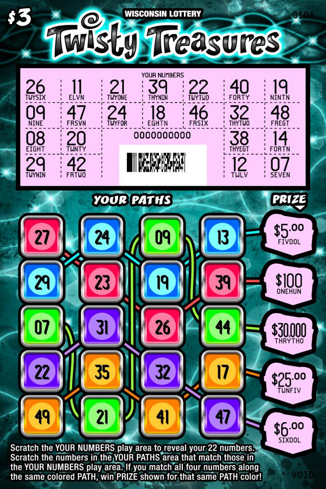 Twisty Treasures instant scratch game Twisty Treasures instant scratch ticket from Wisconsin Lottery - scratched