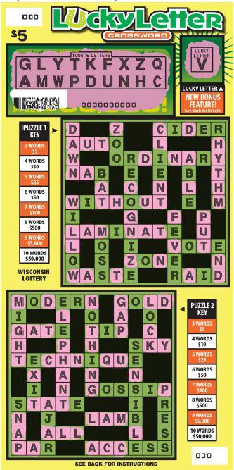 Lucky Letter Crossword instant scratch ticket from Wisconsin Lottery - scratched