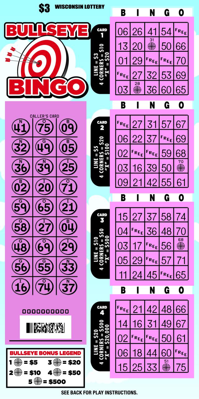 Bullseye Bingo Ticket Scratched WI-Lottery-2153-Scratch-Game-Bullseye-Bingo-Scratched
