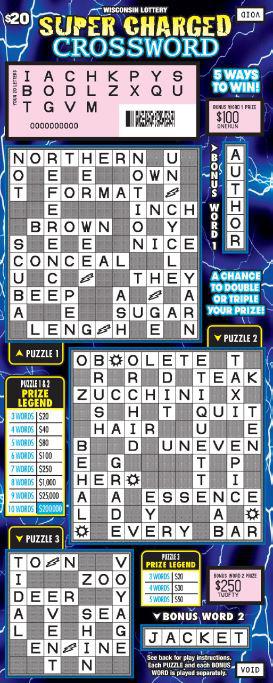 Super Charged Crossword instant ticket from Wisconsin Lottery - revealed play
