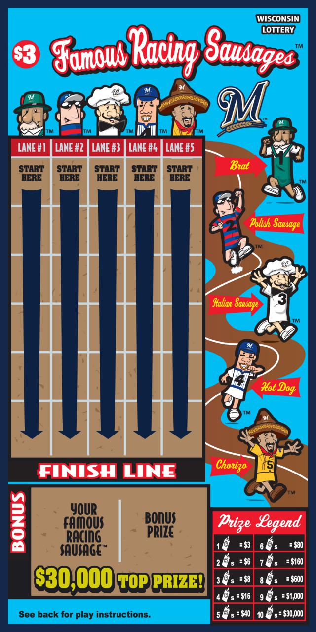 Famous Racing Sausages instant scratch game Famous Racing Sausages instant scratch ticket from Wisconsin Lottery - unscratched