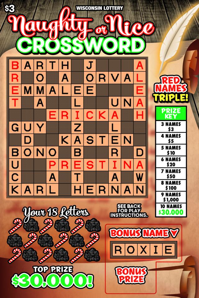 Naughty or Nice Crossword instant scratch ticket from Wisconsin Lottery - unscratched