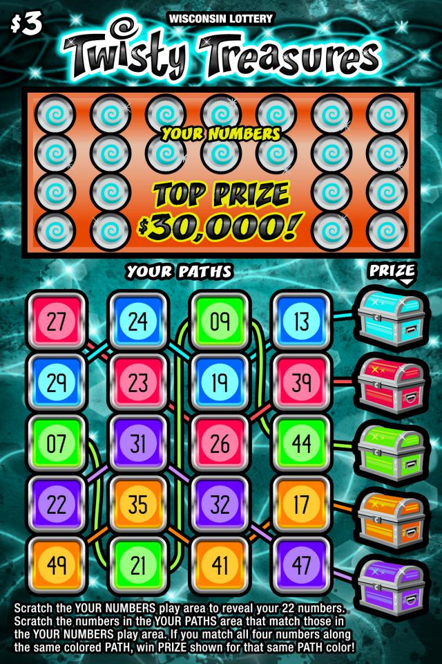 Twisty Treasures instant scratch game Twisty Treasures instant scratch ticket from Wisconsin Lottery - unscratched