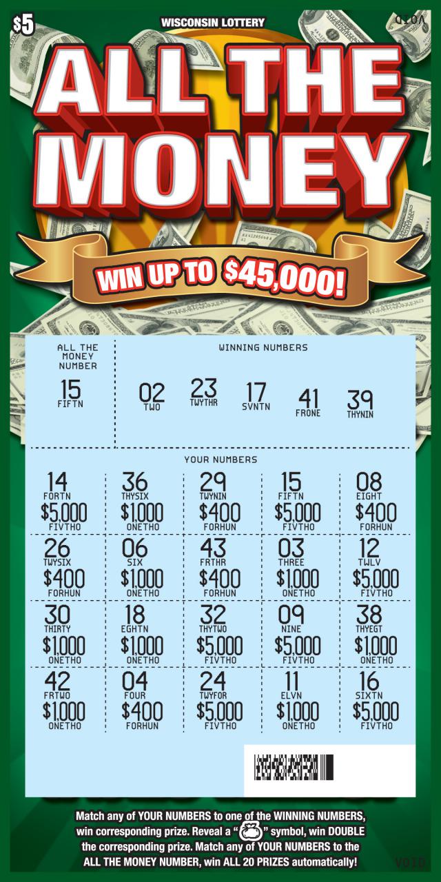 All the Money Scratch Game green scratch game with money showing from wisconsin lottery with numbers scratched off