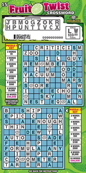 Fruit Twist Crossword Scratch Game Lime colored crossword puzzle with blue crossword grid scratch from wisconsin lottery with letters scratched off in white