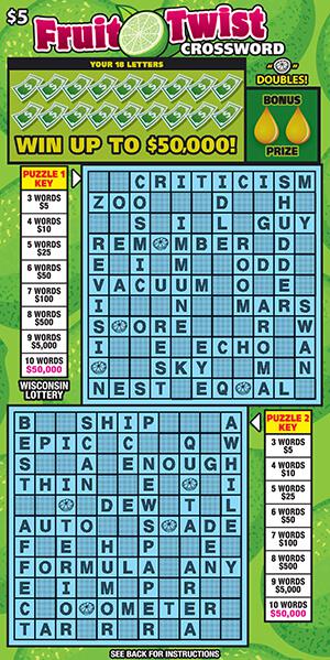 Fruit Twist Crossword Scratch Game Lime colored crossword puzzle with blue crossword grid scratch game from wisconsin lottery