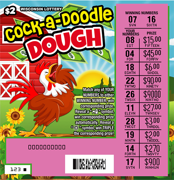 Cock A Doodle Dough Scratch Game Image of Rooster standing on grass with a Red Barn in the background as well as the sunshine and a pink revealed scratch area on scratch ticket from wisconsin lottery