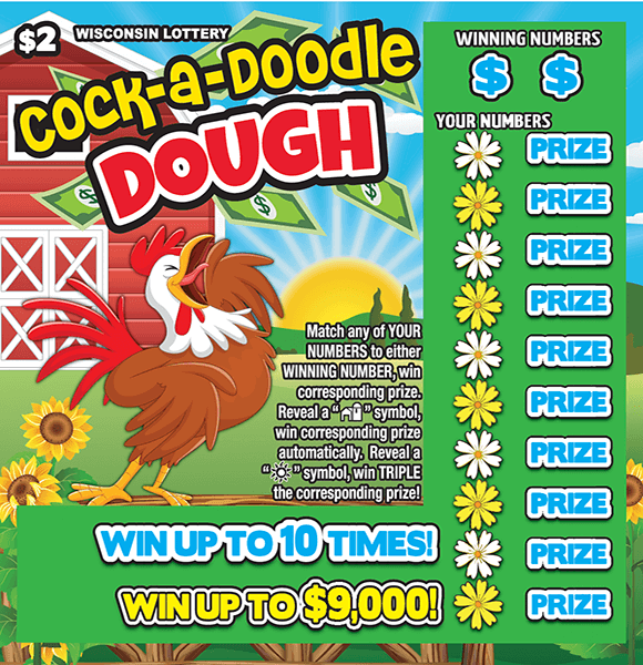Cock A Doodle Dough Scratch Game Image of Rooster standing on grass with a Red Barn in the background as well as the sunshine and flowers over the scratch area on scratch ticket from wisconsin lottery