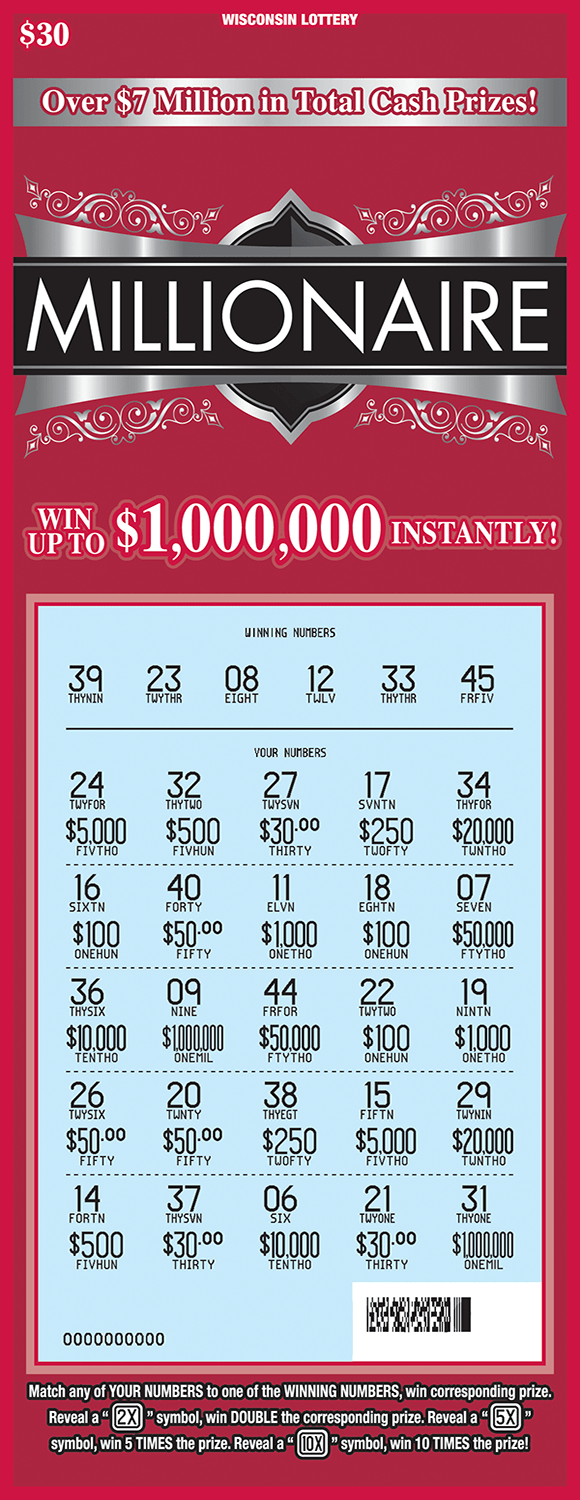 Millionaire Scratch Game red background white a silver shiny patterned header. scratch area is scratched to reveal blue play area scratch ticket from wi lottery