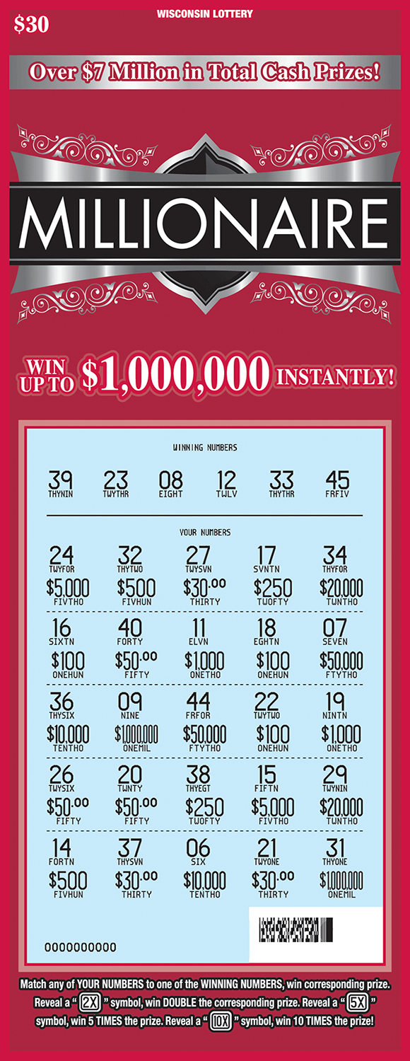 red background white a silver shiny patterned header. scratch area is scratched to reveal blue play area  scratch ticket from wi lottery