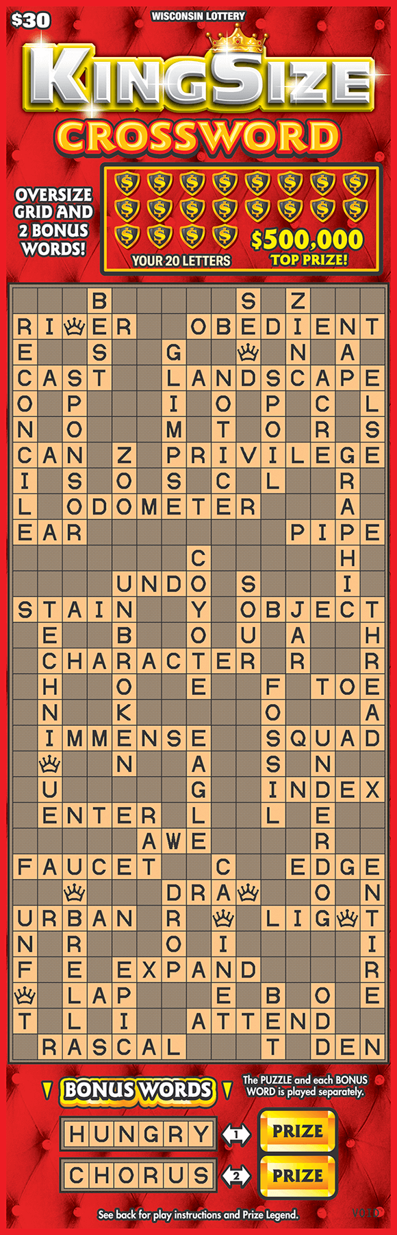 King Size Crossword Scratch Game image of crossword ticket with red background and an oversized play area. contains bonus words on bottom of ticket and a crown on top of scratch ticket from wisconsin lottery