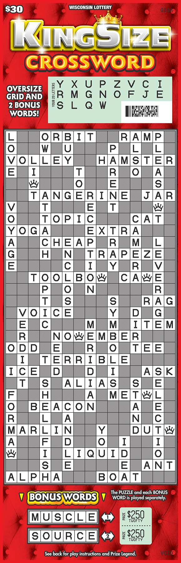 King Size Crossword Scratch Game image of crossword ticket with red background and an over-sized revealed play area contains bonus words on bottom of ticket and a crown on top of scratch ticket from wisconsin lottery