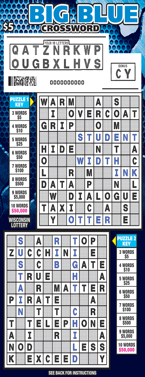image of crossword ticket with a dotted blue background and two different crossword grids to play on which are scratched revealing a white play area on scratch ticket from wisconsin lottery 