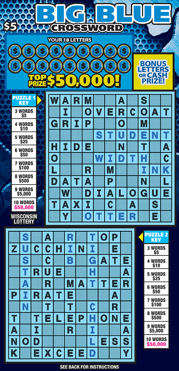 image of crossword ticket with a dotted blue background and two different crossword grids to play on which are in a lighter blue on scratch ticket from wisconsin lottery 