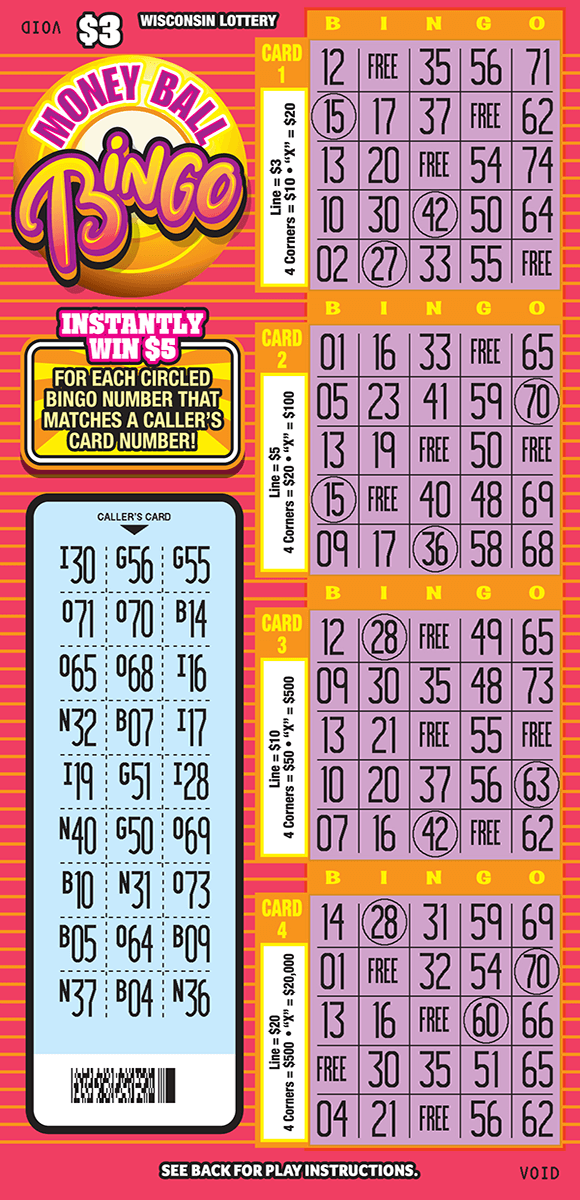 Money Ball Bingo Scratch Game image with pink background and orange stripes contaning four bingo cards all of which have a purple play area and bingo written across the top in yellow lettering with an orange background on money ball bingo ticket from wisconsin lottery