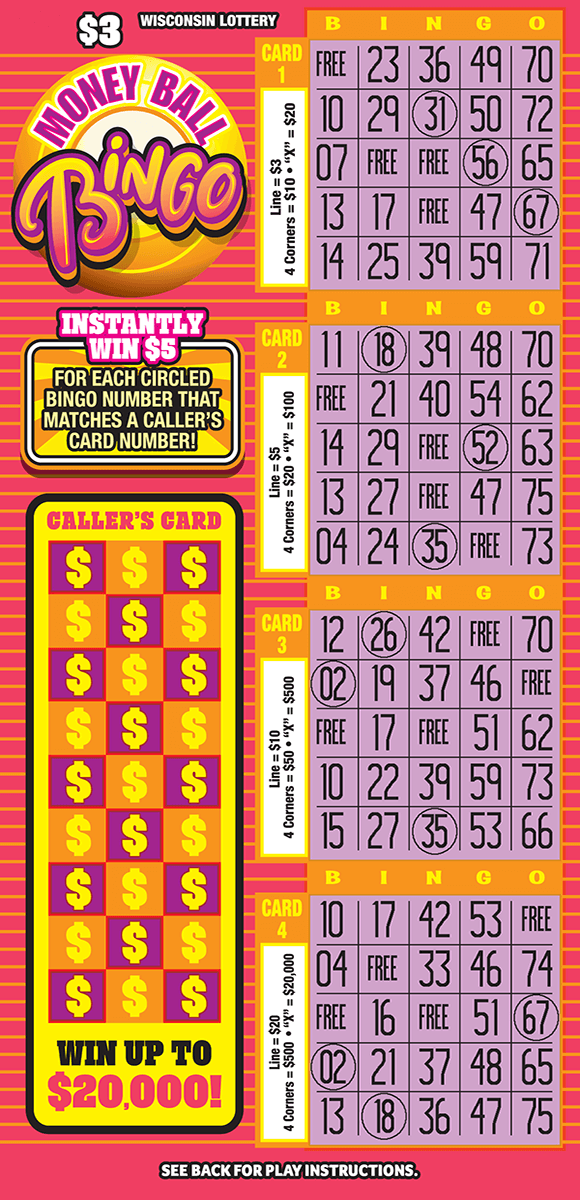 Money Ball Bingo Scratch Game image with pink background and orange stripes contaning four bingo cards all of which have a purple play area and bingo written across the top in yellow lettering with an orange background on money ball bingo ticket from wisconsin lottery