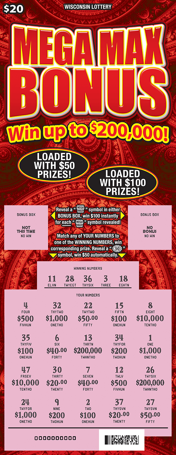 Mega Max Bonus Scratch Game image of scratch ticket with a red patterned background and letters outlined in yellow. gold money bags and gold coins are found on ticket and scratched play area revealing a pink play area on scratch ticket from wisconsin lottery