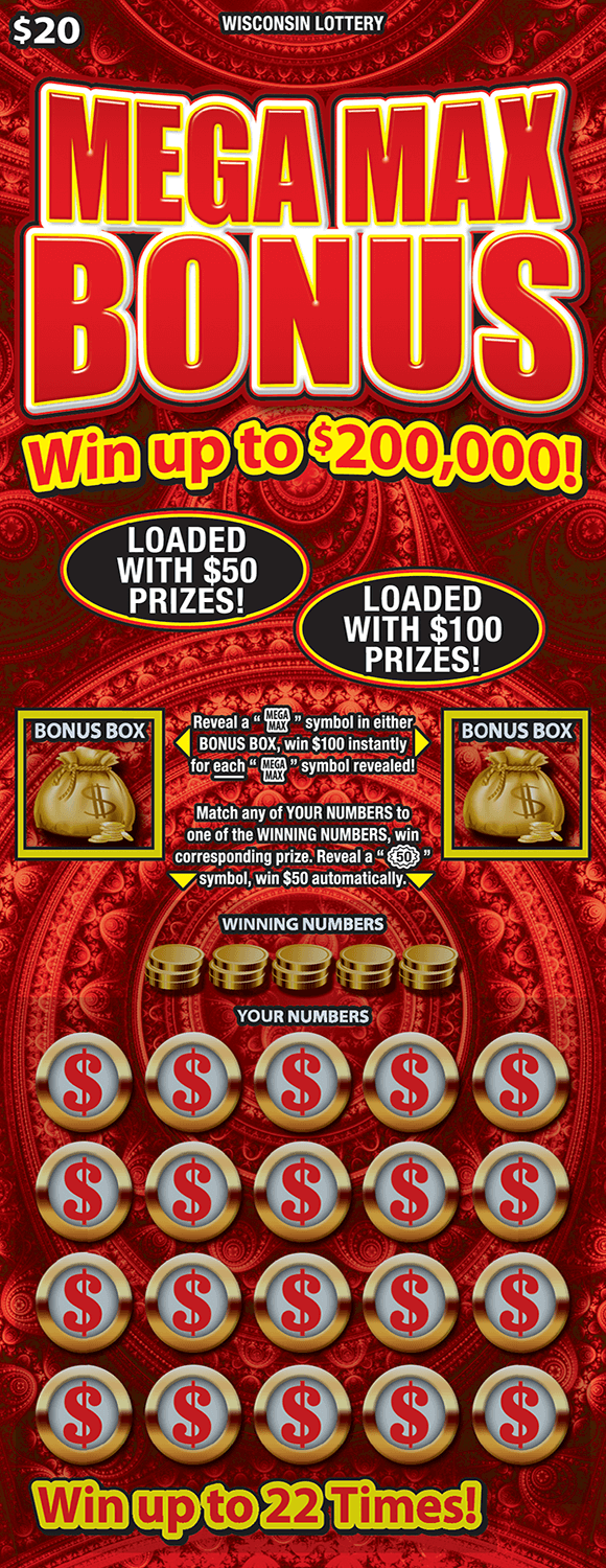 image of scratch ticket with a red patterned background and letters outlined in yellow. gold money bags and gold coins are found on ticket and gold coins with a dollar bill in the middle in the play area on scratch ticket from wisconsin lottery 