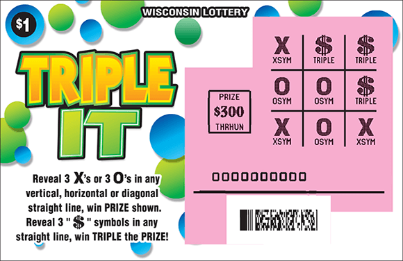 image of scratch ticket with a white background and blue and green bubbles. there is a 9 section grid which is scratched revealing x's and o's and a pink play area on scratch ticket from wisconsin lottery