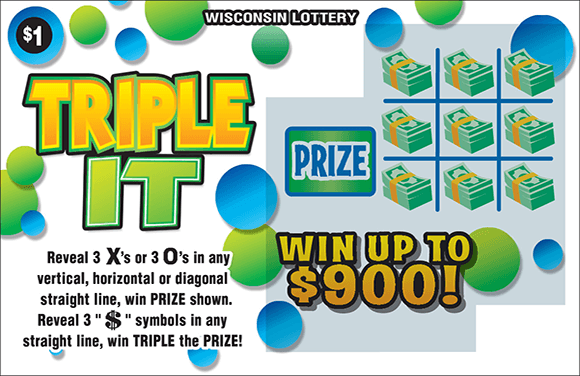 image of scratch ticket with a white background and blue and green bubbles. there is a 9 section grid containing stacks of money in each section on scratch ticket from wisconsin lottery