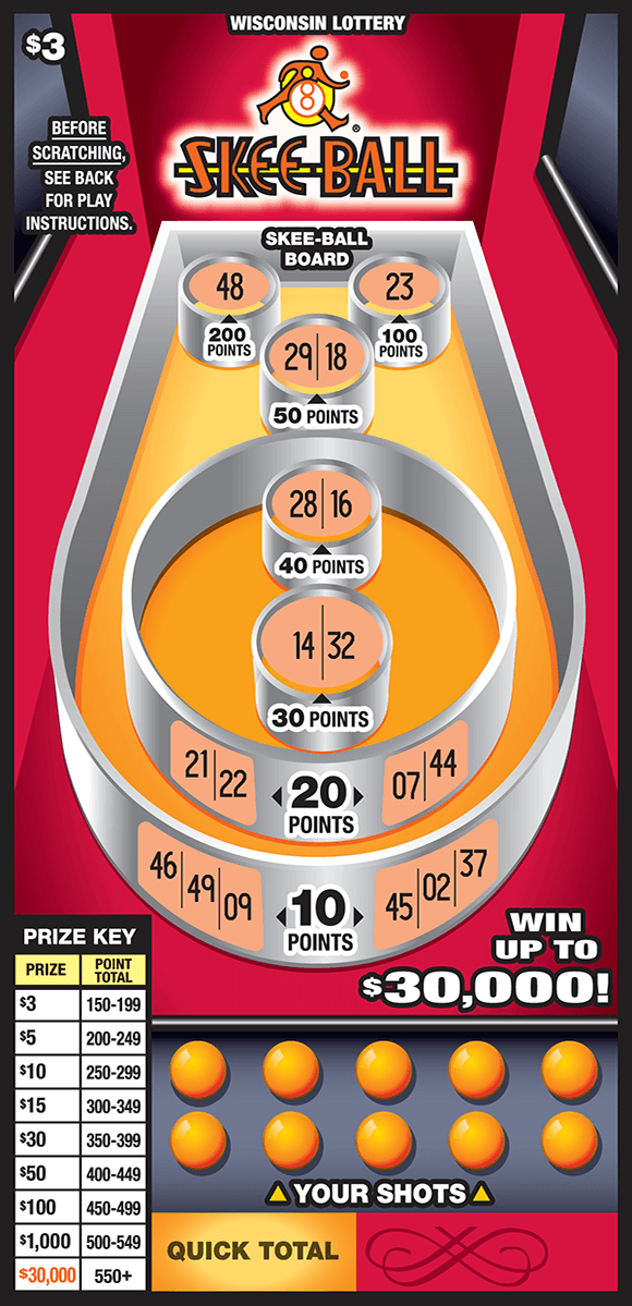 image of skeeball game containing different tiers of points. The background is red and the background of the game board is orange. there are orange game balls on the bottom of the scratch ticket from wisconsin lottery 