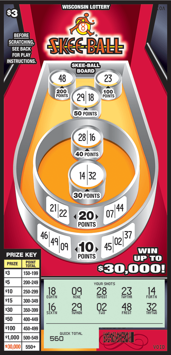 image of skeeball game containing different tiers of points. The background is red and the background of the game board is orange. the play area is scratched revealing a blue grid area on the bottom of the scratch ticket from wisconsin lottery 
