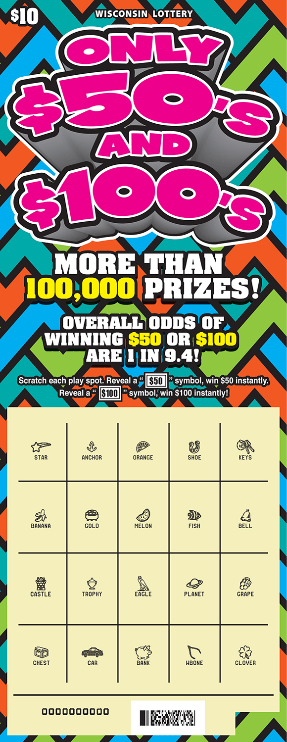 Only 50's and 100's Scratch Game image of scratch ticket with orange green teal and blue chevron patterned background with play area scratched revealing a yellow play area with a four by five grid on scratch ticket from wisconsin lottery