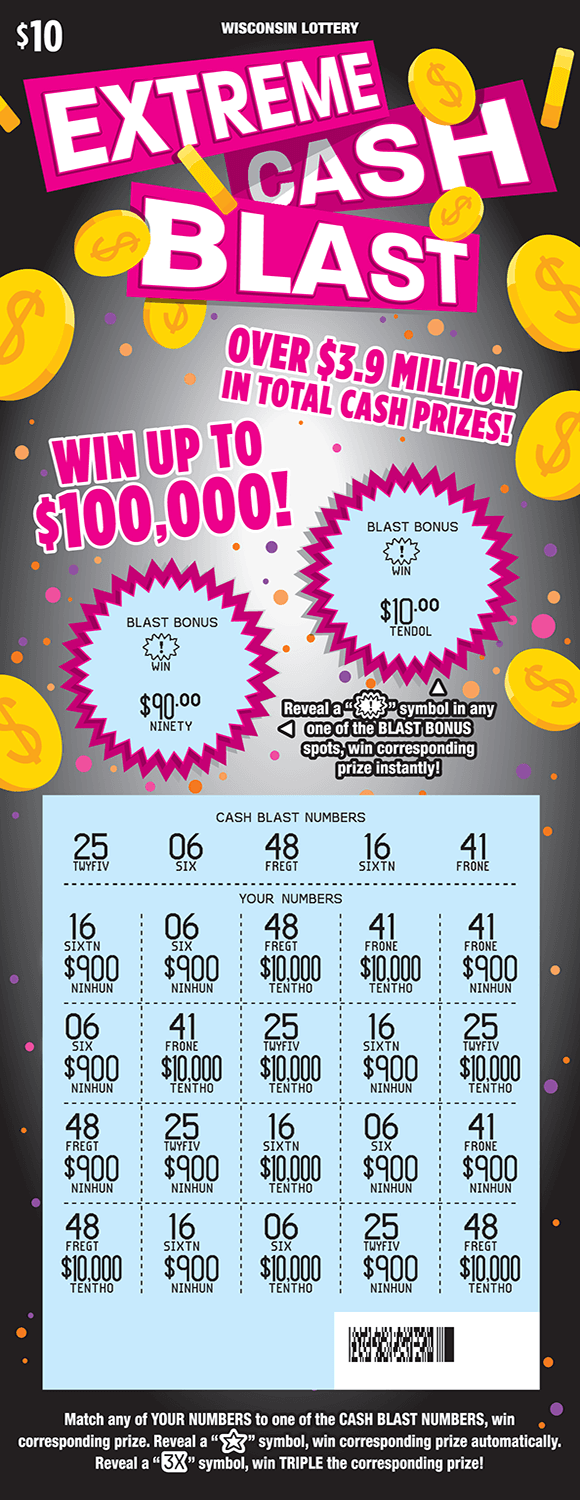 Extreme Cash Blast Scratch Game image of scratch ticket with yellow dollar coins floating around and a gray background with pink orange and purple dots as well as circles with spikes for the game numbers on scratch ticket and play area is scratched off revealing a blue play area from wisconsin lottery