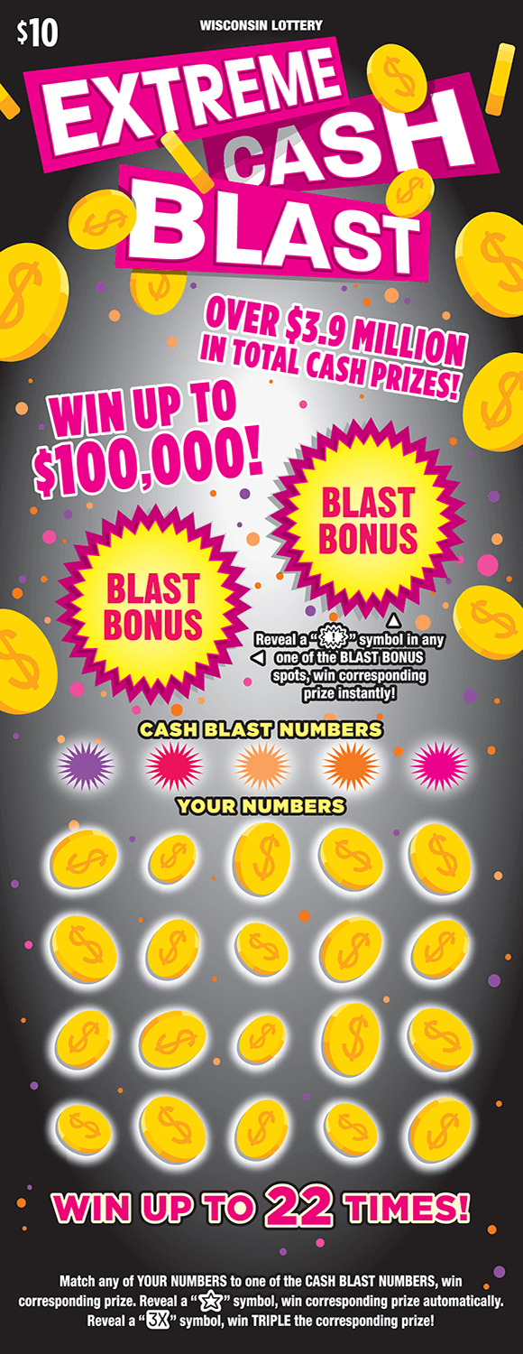 Extreme Cash Blast Scratch Game image of scratch ticket with yellow dollar coins floating around and a gray background with pink orange and purple dots as well as circles with spikes for the game numbers on scratch ticket from wisconsin lottery