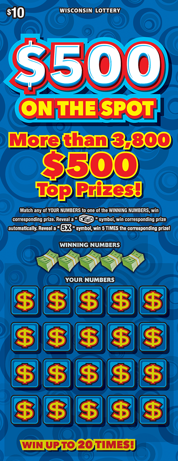 $500 on the Spot Scratch Game image of scratch ticket with a blue background and dark patterned circles. Play area contains a five by four chart of boxes with yellow dollar bill symbols on scratch ticket from wisconsin lottery