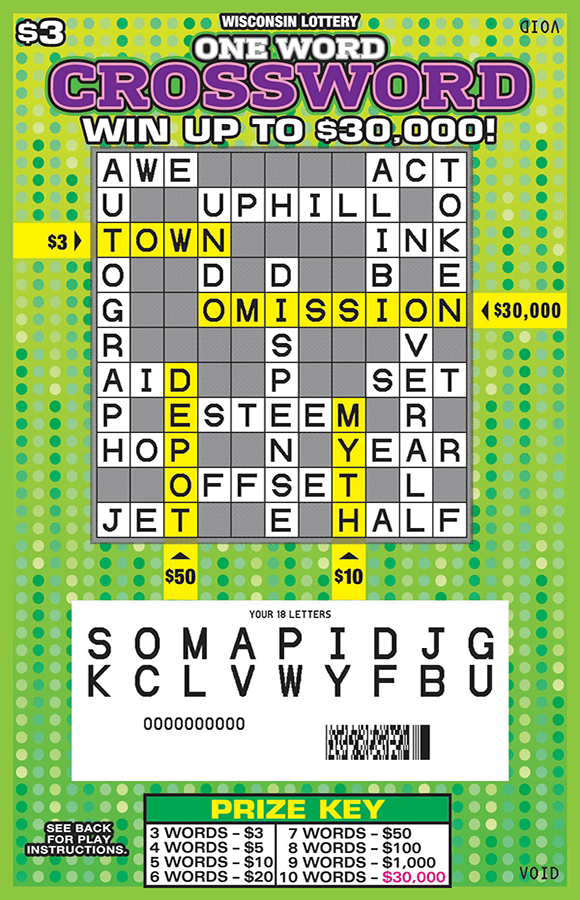 One Word Crossword Scratch Game image of scratch ticket with a dotted different shades of green background the play area is scratched revealing a white play area with black letters on scratch ticket from wisconsin lottery