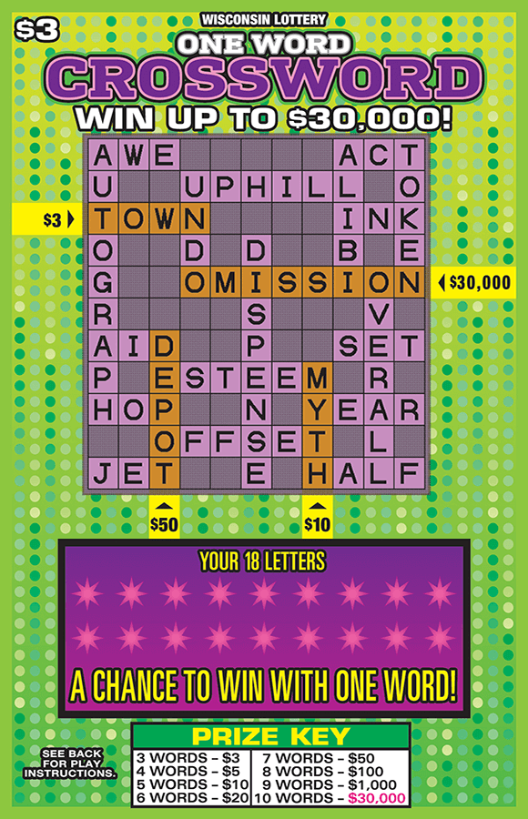 image of scratch ticket with a dotted different shades of green background the play area is an ombre purple with stars over the 18 letters on scratch ticket from wisconsin lottery 
