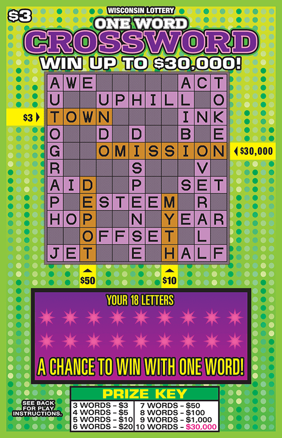 One Word Crossword Scratch Game image of scratch ticket with a dotted different shades of green background the play area is an ombre purple with stars over the 18 letters on scratch ticket from wisconsin lottery