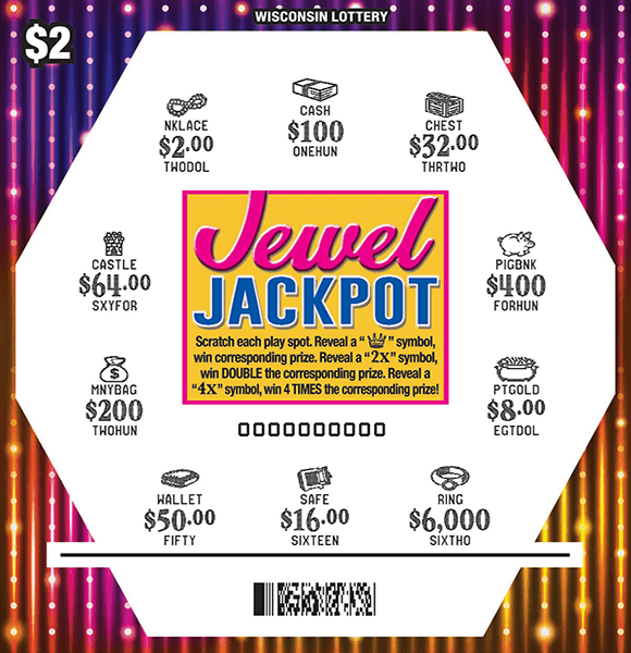 Jewel Jackpot Scratch Game image of hexagon shape containing different colored jewels that are scratched to reveal a white play area and a flashy rainbow background on scratch ticket from wisconsin lottery