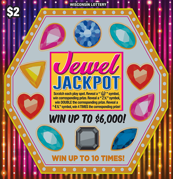 Jewel Jackpot Scratch Game image of hexagon shape containing different colored jewels and a flashy rainbow background on scratch ticket from wisconsin lottery