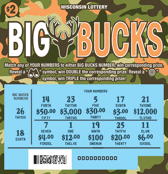 image of ticket with a camouflage background with images of bucks and the play area is scratched to reveal a blue play area on scratch ticket from wisconsin lottery