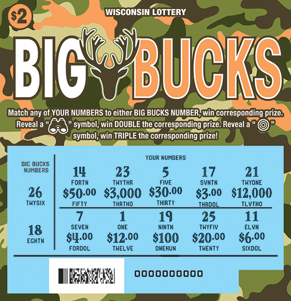 Big Bucks Scratch Game image of ticket with a camouflage background with images of bucks and the play area is scratched to reveal a blue play area on scratch ticket from wisconsin lottery