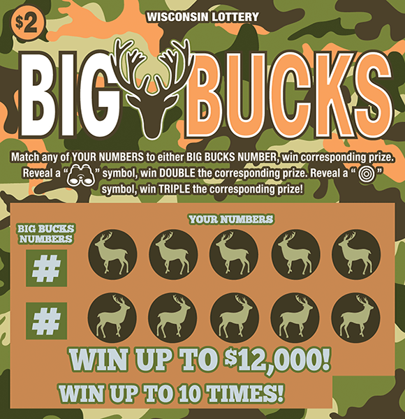 Big Bucks Scratch Game image of ticket with a camouflage background with images of bucks over the numbers in the play area on scratch ticket from wisconsin lottery