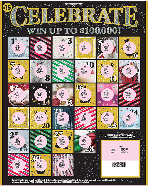 Celebrate Scratch Game colorful squares scratched revealing snow trees and holiday images on scratch game from wisconsin lottery