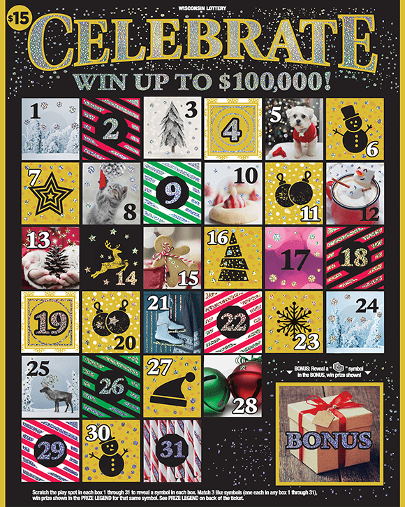 Celebrate Scratch Game colorful squares filled with snow trees and holiday images on scratch game from wisconsin lottery