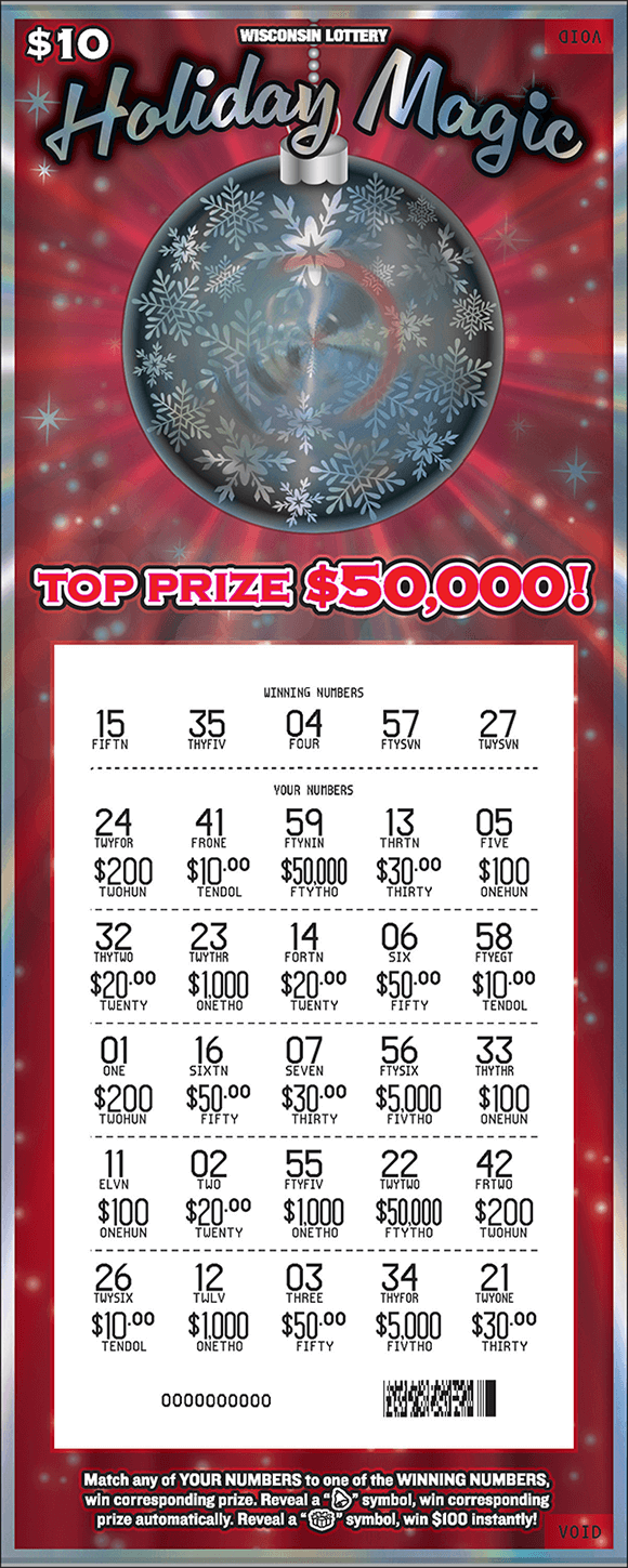 Holiday Magic Scratch Game red shiny background with large hanging silver ornament and silver stars and snowflakes around it with white revealed play area on scratch ticket from wisconsin lottery
